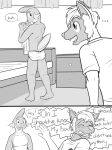  2015 anthro anthrofied bed blush briefs clothed clothing comic dialogue duo ellipsis embarrassed english_text eyes_closed fully_clothed furniture fuze gao_(fuze) generation_3_pokemon greyscale hi_res male monochrome mudkip nintendo pawl_(fuze) pokemon pokemon_(species) pokemorph poochyena shirt t-shirt text tighty_whities topless topwear underwear underwear_only walk-in white_briefs white_clothing white_underwear 
