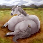  1:1 ambiguous_gender belly big_belly black_hooves cloud equid equine feral fur grass grey_eyes grey_mane grey_tail hooves horse huge_belly hyper hyper_belly lying mammal mane mouth_closed on_front outside plant rear_view roobin signature sky solo white_body white_fur 