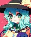  1girl bangs black_headwear breasts buttons closed_mouth collared_shirt commentary_request diamond_button eyes_visible_through_hair frilled_shirt_collar frills green_eyes grey_hair hair_between_eyes hat hat_ribbon heart kamome komeiji_koishi long_hair looking_at_viewer pink_background portrait ribbon shirt simple_background small_breasts smile solo third_eye touhou yellow_ribbon yellow_shirt 