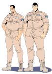  2boys arm_hair bara blue_eyes boots brown_jacket brown_pants character_name dickfish_(fishismdick) english_text facial_hair full_body glasses highres jacket large_pectorals male_focus mature_male military military_uniform multiple_boys muscular muscular_male mustache original pants pectorals rottweil_(dickfish) russell_(dickfish) short_hair sideburns sleeves_rolled_up thick_thighs thighs translation_request uniform 