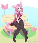  animal_humanoid balloon bench blue_eyes breasts cat_humanoid clothing eyewear felid felid_humanoid feline feline_humanoid female food glasses hair hi_res humanoid illeana_(miniordebry) inflatable mammal mammal_humanoid mazzlerazz outside pink_hair plate signature sitting smile solo wide_hips 