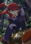  1boy black_shirt blurry bush commentary_request covering_mouth crescent_moon falling_leaves floating_scarf from_below grey_eyes hat highres jacket leaf logo male_focus mocacoffee_1001 moon night one_knee outdoors pants poke_ball poke_ball_(legends) pokemon pokemon_(game) pokemon_legends:_arceus red_headwear red_scarf rei_(pokemon) scarf shirt shoes short_hair solo tree 