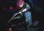  1boy bangs belt blood blood_on_clothes blood_on_face blue_eyes blurry blurry_background commentary elbow_pads ensemble_stars! glasses gloves goggles goggles_on_head gun highres holding holding_gun holding_weapon male_focus partially_fingerless_gloves purple_hair rrr_(reason) saegusa_ibara short_hair short_sleeves solo symbol-only_commentary teeth weapon window 