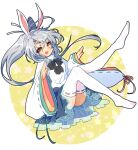  1girl animal_ears black_ribbon blue_skirt breasts commentary_request fake_animal_ears green_ribbon grey_hair hat japanese_clothes kamome kariginu long_hair mononobe_no_futo neck_ribbon no_shoes open_mouth pleated_skirt rabbit_ears red_ribbon ribbon ribbon-trimmed_legwear ribbon-trimmed_sleeves ribbon_trim side_ponytail skirt small_breasts smile solo tate_eboshi thighhighs thighs touhou white_ribbon white_thighhighs wide_sleeves yellow_eyes 