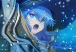  1girl bangs blue_background blue_eyes blue_hair braid brown_cape cape close-up commentary_request floating_hair hair_between_eyes hat long_hair looking_at_viewer mushoku_tensei open_mouth roxy_migurdia sabcoo water_drop witch_hat 