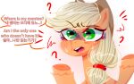  2022 applejack_(mlp) blonde_hair bodily_fluids clothing cowboy_hat dialogue digital_media_(artwork) digital_painting_(artwork) earth_pony english_text equid equine eyelashes female feral friendship_is_magic fur green_eyes hair hasbro hat headgear headwear hi_res hooves horse jully-park korean_text lineless mammal my_little_pony open_mouth orange_body orange_fur orange_hooves pony ponytail question question_mark simple_background solo sweat sweatdrop talking_to_viewer text white_background 