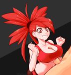  1boy 1girl bare_arms blush breasts cleavage cum facial flannery_(pokemon) frenchthenhen grin hetero large_breasts paizuri pants penis pokemon pokemon_(game) red_eyes red_hair red_tank_top smile solo_focus tank_top 