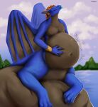  absurd_res artist_name belly big_belly blep blue_body blue_fur blue_tongue brown_body brown_fur brown_wings cheek_tuft closed_smile dragon eyes_closed facial_tuft fur furred_dragon hand_on_stomach hi_res horn huge_belly hyper hyper_belly male membrane_(anatomy) membranous_wings motion_lines mouth_closed navel orange_horn outside roobin solo taur tongue tongue_out tuft wings 