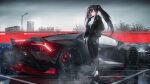  1girl absurdres bangs black_hair black_jacket car city cloud cloudy_sky full_body ground_vehicle highres jacket long_hair looking_at_viewer lucia_(punishing:_gray_raven) motor_vehicle multicolored_hair outdoors punishing:_gray_raven red_eyes red_hair scenery seymour shirt sky solo standing twintails urban white_shirt 