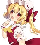  1girl :d ascot bangs blonde_hair commentary_request fang flandre_scarlet hat hat_ribbon highres looking_at_viewer mob_cap one_side_up open_mouth red_eyes red_ribbon ribbon ruhika simple_background smile solo touhou upper_body white_background white_headwear wrist_cuffs yellow_ascot 