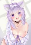  1girl ahoge animal_collar animal_ear_fluff animal_ears black_collar blush breasts cat_ears cat_girl cleavage collar commentary_request highres hololive large_breasts looking_at_viewer medium_hair naked_shirt nekomata_okayu open_mouth purple_ribbon ribbon shirt smile virtual_youtuber white_shirt yappy_(yapis_company) 
