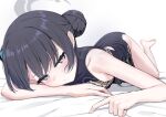  1girl barefoot black_dress black_hair blue_archive blush china_dress chinese_clothes closed_mouth double_bun dragon_print dress fingernails grey_eyes hair_bun halo highres kisaki_(blue_archive) legs looking_at_viewer lying on_stomach print_dress simple_background solo toshise. white_background 
