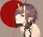  1girl :d bangs bare_shoulders blunt_bangs breasts cleavage eyeliner fang fate/grand_order fate_(series) hair_ornament highres hikimayu hiranko horns looking_at_viewer makeup oni oni_horns pointy_ears purple_eyes purple_hair short_hair shuten_douji_(onmyoji) smile solo 