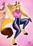  aimylianne anthro canid canine clothing costume female fox hand_behind_head hi_res kwakapaint latex_legwear mammal solo 