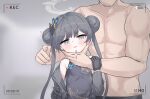  1boy 1girl bangs bare_shoulders black_gloves black_hair blue_archive blush china_dress chinese_clothes double_bun dress gloves grey_eyes hair_bun jokebag kisaki_(blue_archive) muscular muscular_male open_mouth pointing recording sweat tears topless twintails 