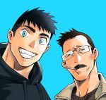  2boys bara black_hair blue_eyes brown_hair cigarette couple dickfish_(fishismdick) facial_hair glasses grin highres looking_at_viewer male_focus mature_male multiple_boys mustache non-web_source original portrait rottweil_(dickfish) russell_(dickfish) selfie short_hair sideburns smile stubble thick_eyebrows undercut upper_body yaoi 