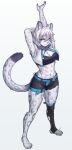  1girl :3 abs absurdres animal_ears animal_nose arms_up belt black_bra black_shorts black_thighhighs blue_belt blue_eyes body_fur bra breasts cleavage cropped_jacket full_body grey_background grey_fur grey_hair hair_between_eyes highres jacket leopard_ears leopard_girl leopard_tail looking_at_viewer medium_breasts midriff navel original over-kneehighs pgm300 short_hair shorts simple_background single_thighhigh solo standing stirrup_legwear stretching tail thighhighs toeless_legwear underwear white_jacket 