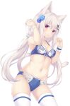  1girl :o animal_ear_fluff animal_ears ass_visible_through_thighs bangs bare_arms bare_shoulders blue_bra blue_flower blue_panties blue_rose blush bow bow_bra bow_panties bra breasts cat_ears cat_girl cat_tail cleavage collarbone commentary flower hair_between_eyes hair_flower hair_ornament hair_scrunchie hairclip hand_in_own_hair highres medium_breasts navel original panties parted_lips red_eyes rose sakuraba_hikaru_(loveindog) scrunchie simple_background single_wrist_cuff solo tail thighhighs underwear underwear_only white_background white_scrunchie white_thighhighs wrist_cuffs x_hair_ornament 