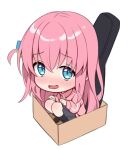  1girl aqua_hair bangs black_socks blush bocchi_the_rock! box brown_footwear cardboard_box chibi commentary_request cube_hair_ornament full_body gotou_hitori grey_skirt guitar_case hair_between_eyes hair_ornament hitsukuya in_box in_container instrument_case jacket knees_up long_hair long_sleeves looking_at_viewer one_side_up open_mouth pink_hair pink_jacket simple_background sitting skirt sleeves_past_wrists socks solo track_jacket very_long_hair wavy_mouth white_background 