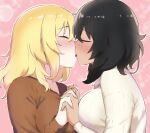  2girls andou_(girls_und_panzer) armorganger bangs black_hair blonde_hair blush breasts closed_eyes commentary_request dark-skinned_female dark_skin french_kiss girls_und_panzer holding_hands kiss large_breasts long_hair long_sleeves medium_hair messy_hair multiple_girls oshida_(girls_und_panzer) outline standing sweater tongue white_outline yuri 