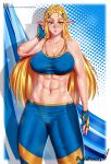  abs blonde_hair bodily_fluids bottomwear bra breasts breath_of_the_wild camel_toe clothed clothing female fingerless_gloves gloves green_eyes hair handwear humanoid humanoid_pointy_ears hylian midriff muscular muscular_female muscular_humanoid nintendo nipple_outline not_furry pants pashapencil princess_zelda solo sports_bra sweat the_legend_of_zelda tight_bottomwear tight_clothing tight_pants underwear workout_clothing yoga_pants 