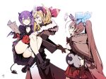  3girls allay baby_penguin bandana bat_wings bird black_footwear blonde_hair brown_capelet brown_eyes brown_gloves brown_hair buffering capelet carrying commentary demon_tail dress english_commentary eyewear_on_head fur_collar gloves green_eyes gun hair_ornament hairclip holding holding_gun holding_map holding_paper holding_stuffed_toy holding_weapon hololive hololive_english hololive_indonesia kaela_kovalskia kaela_kovalskia_(1st_costume) lifting_person long_hair looking_at_another looking_at_viewer looking_up map minecraft mini_wings multiple_girls nanashi_mumei nanashi_mumei_(1st_costume) paper partially_fingerless_gloves penguin plaid plaid_skirt pleated_skirt princess_carry purple_hair red_bandana red_eyes red_skirt revolver rune_hair_ornament shirt shoes side_ponytail signature simple_background skirt smile socks stuffed_animal stuffed_penguin stuffed_toy tail taka_t thighs tokoyami_towa tokoyami_towa_(school_uniform) two-tone_gloves virtual_youtuber weapon white_background white_shirt wings 