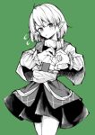  1girl absurdres ahoge bangs green_background greyscale_with_colored_background heart heart_hands highres looking_at_viewer mizuhashi_parsee mouryou_(chimimouryou) open_mouth pointy_ears scarf short_hair simple_background solo touhou 