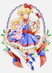  1girl absurdres aikatsu! aikatsu!_(series) ankle_bow back_bow blonde_hair blue_footwear bow dress frills full_body hair_bow hello_kitty hello_kitty_(character) highres hoshimiya_ichigo koedo layered_sleeves long_hair one_eye_closed red_bow red_eyes sanrio smile solo stuffed_animal stuffed_toy teddy_bear thighhighs white_thighhighs wrist_cuffs 