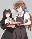  2girls :d alternate_costume apron black_dress black_hair blue_bow blush bow brand_name_imitation brown_apron brown_hair closed_eyes collared_shirt commentary cowboy_shot dress dress_shirt eiyuu_densetsu elise_schwarzer employee_uniform fast_food_uniform flat_chest green_eyes grey_background hair_between_eyes hair_bow hairband highres holding holding_tray juliet_sleeves long_hair long_sleeves looking_at_viewer multiple_girls neck_ribbon open_mouth outline ponytail puffy_sleeves red_ribbon ribbon sagara_riri school_uniform sen_no_kiseki shirt short_sleeves simple_background smile standing towa_herschel tray uniform visor_cap white_hairband white_shirt wing_collar 