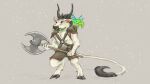  2023 ambiguous_gender anthro armor axe battle_axe bottomwear bovid bovine breasts brown_clothing cattle clothing cloven_hooves diamondbackdrake digitigrade diomede dragon duo ear_piercing ear_ring european_mythology facial_piercing female feral fur greek_mythology green_body grey_body grey_fur harness hi_res holding_object holding_weapon hooves leather leather_armor leather_bottomwear leather_clothing leather_harness leather_pants looking_forward mammal mane miniature minotaur mythology no_pupils nose_piercing nose_ring pants piercing pouch_(clothing) red_eyes ribbons ring_piercing shoulder_pads signature simple_background standing_on_another tail tail_around_neck tail_tuft tan_body tuft weapon wingless_dragon yellow_body 