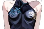  1girl bare_shoulders black_hair blue_archive breast_focus breasts china_dress chinese_clothes close-up covered_nipples dragon_print dress head_out_of_frame kisaki_(blue_archive) simple_background sleeveless small_breasts solo white_background wokamiya 