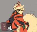  2022 arcanine big_butt blush butt butt_crush canid duo face_in_ass facesitting fan_character feral fur generation_1_pokemon generation_2_pokemon grey_background hand_on_butt hands_on_desk hi_res kneeling looking_at_another male mammal nintendo orange_body orange_fur pokemon pokemon_(species) raster_dreams signature simple_background sitting sitting_on_another size_difference smile tarou_(taroumyaki) typhlosion 