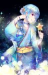  1boy androgynous baronet blue_hair bracelet choker closed_mouth deneb_(yume-100) facing_to_the_side highres japanese_clothes jewelry kimono long_sleeves looking_at_viewer male_focus pink_eyes short_hair short_ponytail sky smile solo star_(sky) star_(symbol) starry_sky tongue tongue_out yukata yume_oukoku_to_nemureru_100-nin_no_ouji-sama 