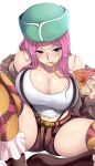 1girl belt breasts cleavage food hat highres holding holding_food holding_pizza jewelry_bonney kasai_shin large_breasts long_hair one_piece piercing pink_hair pizza purple_eyes solo spread_legs suspenders thighhighs 