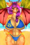  anthro antlers beach bethesda_softworks big_breasts bikini blue_clothing breasts brown_body cleavage clothed clothing cloud curvy_figure deer dragon fallout fangs female hair hand_on_breast hi_res horn huge_breasts hybrid looking_at_viewer mammal muscular muscular_female plant purple_hair red_eyes scut_tail seaside short_tail smile solo standing swimwear tail teeth thick_thighs tree unknown_artist voluptuous water wide_hips wings 