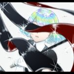  2others androgynous aqua_hair bangs black_necktie bob_cut bort colored_inner_hair covered_eyes crystal_hair diamond_(houseki_no_kuni) facing_viewer floating_hair gem_uniform_(houseki_no_kuni) gloves holding holding_sword holding_weapon houseki_no_kuni letterboxed multicolored_hair multiple_others necktie other_focus out_of_frame puffy_short_sleeves puffy_sleeves rainbow_hair red_hair short_hair short_sleeves simple_background solo_focus sparkle swept_bangs sword two-tone_hair weapon white_background white_gloves wind yagi_hara 