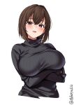 1girl arms_under_breasts bangs black_sweater blush breasts brown_eyes brown_hair crossed_arms ebifurya hair_between_eyes hair_intakes highres hyuuga_(kancolle) kantai_collection large_breasts long_sleeves looking_at_viewer one-hour_drawing_challenge parted_lips ribbed_sweater short_hair simple_background sleeves_past_wrists smile solo sweater turtleneck turtleneck_sweater twitter_username upper_body white_background 