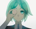  1other androgynous aqua_eyes aqua_hair black_necktie closed_mouth colored_eyelashes commentary eyeball frown gem_uniform_(houseki_no_kuni) hand_up highres holding_eyeball houseki_no_kuni looking_at_viewer necktie one_eye_covered other_focus phosphophyllite portrait short_hair simple_background solo straight-on translucent_hair white_background yagi_hara 