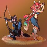  1:1 anthro armor arrow_(weapon) bandage bottomwear bow_(weapon) canid canine clothed clothing digital_media_(artwork) digitigrade dragon duo female fox grass hair hi_res humanoid mammal marshbreeze melee_weapon midriff outside plant pose quiver ranged_weapon simple_background skirt sword tail weapon 