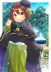  1girl bangs beret black_headwear black_kimono blurry blurry_background blush bow brown_eyes brown_hair closed_mouth commentary_request commission day depth_of_field fountain green_bow green_hakama green_shirt hair_between_eyes hakama hakama_skirt hand_up hat japanese_clothes kimono kou_hiyoyo long_sleeves original puffy_long_sleeves puffy_sleeves shirt skeb_commission skirt sleeves_past_wrists smile solo tilted_headwear water wide_sleeves 