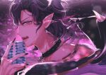  1boy black_hair collar demon_boy demon_horns demon_wings ear_piercing facing_to_the_side horns las_(yume-100) looking_at_viewer male_focus multicolored_hair piercing plums43 pointy_ears purple_eyes purple_hair solo wings yume_oukoku_to_nemureru_100-nin_no_ouji-sama 