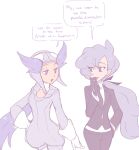 anabel_(pokemon) collared_shirt cowboy_shot gloves goggles goggles_on_head hand_on_hip long_hair looking_at_another necktie open_mouth pokemon pokemon_(game) pokemon_oras pokemon_sm ponytail purple_eyes purple_hair shirt simple_background smile vergolophus white_background winona_(pokemon) 