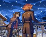  2boys arm_support augustine_sycamore black_hair bridge effie_lealand long_sleeves looking_at_another lysandre_(pokemon) male_focus mountain multiple_boys night night_sky orange_hair pine_tree pokemon pokemon_(game) pokemon_xy scarf sky smile snow snowbelle_city snowing standing tree window 