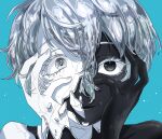  2others androgynous aqua_hair bangs black_eyes black_skin blue_background cairngorm_(houseki_no_kuni) colored_skin dissolving eyelashes ghost_quartz_(houseki_no_kuni) grey_eyes grey_hair grey_nails hair_between_eyes hands_on_own_cheeks hands_on_own_face hands_up highres houseki_no_kuni looking_at_viewer multiple_others nail_polish other_focus portrait shards short_hair smirk solo split_theme yagi_hara 