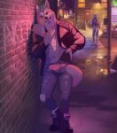  akita alley anthro boots bottomwear candy canid canine canis car chain city clothing denim denim_clothing dessert domestic_dog food footwear fuzzle_(artist) graffiti green_hair hair hi_res jacket jeans leather leather_clothing leather_jacket leather_topwear linkin_park lollipop male mammal pants punk roy smile solo spikes spitz street topwear vehicle 