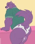  anthro balls bernard_(ok_k.o.!_lbh) butt canid canine canis cartoon_network clothing fur genitals hi_res male mammal ok_k.o.!_let&#039;s_be_heroes pawpads purple_body purple_fur sharp_teeth solo teeth torn_clothing tylerstark were werecanid werecanine werewolf wolf 