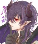  1boy asuta1102 demon_boy demon_horns demon_wings facing_to_the_side finger_to_mouth horns las_(yume-100) looking_at_viewer male_focus open_mouth pointy_ears purple_hair red_eyes short_hair shushing smile solo white_background wings yume_oukoku_to_nemureru_100-nin_no_ouji-sama 