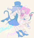  2girls :3 :d bangs bare_shoulders bell between_fingers big_hair black_tail blue-tinted_eyewear blue_cat_(precure) blue_footwear blue_gloves blue_hair blue_headwear blue_sash blue_skirt boots bow bowtie braid bun_cover cat_girl cat_tail character_name closed_mouth dual_persona earrings gloves green_eyes hand_on_another&#039;s_waist hat high_collar high_heel_boots high_heels highres holding idol jewelry jingle_bell leg_up long_hair mao_(precure) multiple_girls open_mouth pink-framed_eyewear pink_hair pleated_skirt pointy_ears precure red_bow red_bowtie sash skirt smile standing standing_on_one_leg star_twinkle_precure sunglasses tail tail_bow tail_ornament tail_raised thighhighs tinted_eyewear top_hat twin_braids ukata white_gloves white_thighhighs yuni_(precure) zettai_ryouiki 