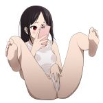  1girl absurdres barefoot black_hair blush breasts cellphone coro_fae feet forehead hair_down highres holding holding_phone kaguya-sama_wa_kokurasetai_~tensai-tachi_no_renai_zunousen~ legs paid_reward_available phone pink_nails pussy pussy_peek see-through selfie shinomiya_kaguya simple_background small_breasts soles solo spread_legs thighs toes wet wet_clothes white_background 