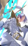  absurdres alfred_(fire_emblem) armor blue_hair fire_emblem fire_emblem_engage green_eyes highres holding holding_weapon male_focus pretty-purin720 short_hair simple_background solo weapon 